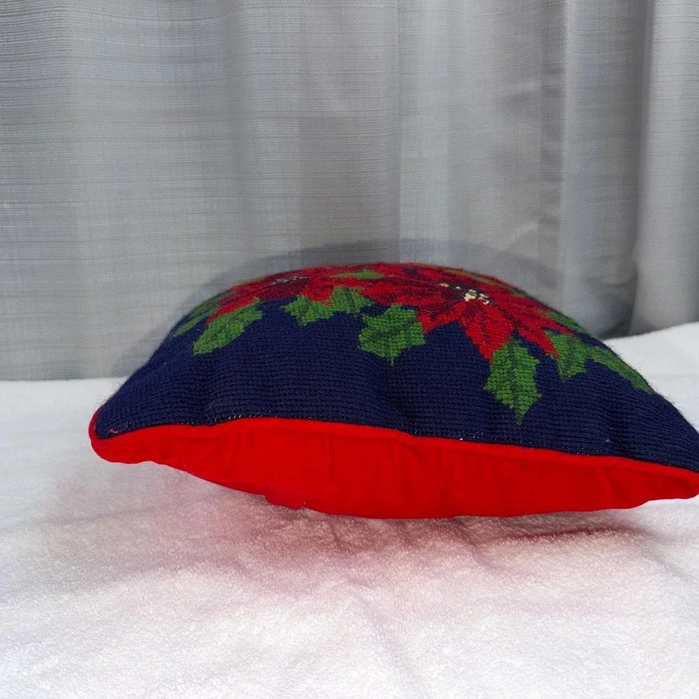 Vtg Needlepoint Throw Pillow Poinsettias Navy Red & Green Cottagecore Christmas